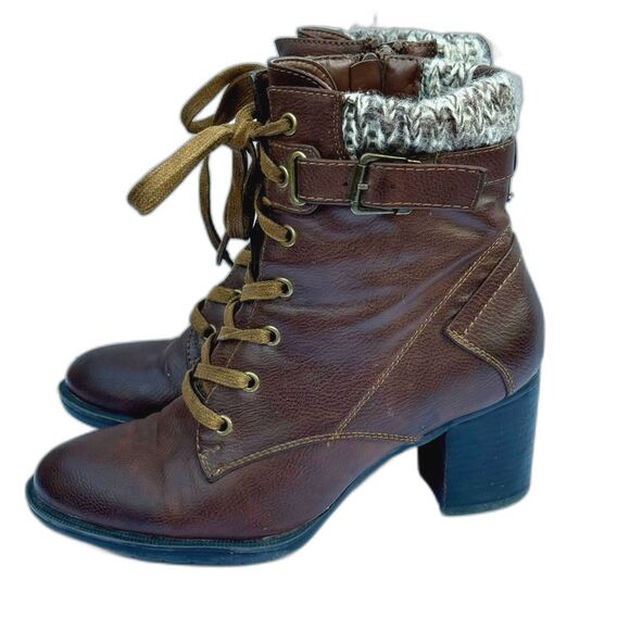 GH Bass Zee Brown Faux Leather Ankle Lace Up Boots Size 9 M  Zip Chunky Heel - Picture 1 of 8